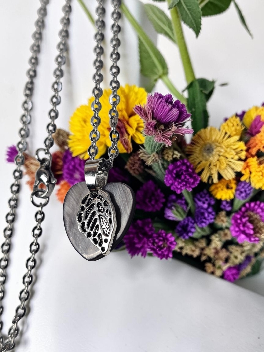 Heart Pendant Necklace with Filigree Leaf Accent - Silver